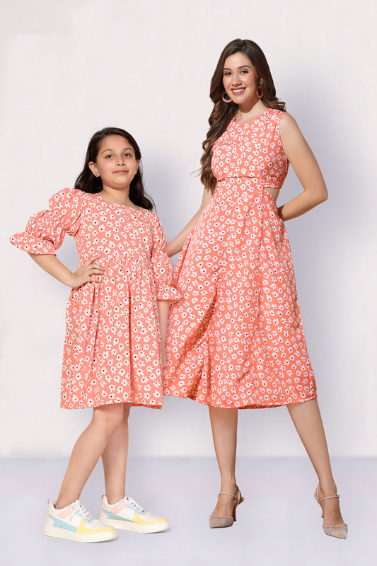 Peach Floral Printed Mother-Daughter Dress