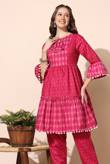 Women's Pink Cotton Ikat Printed Tiered Kurta And Pant Set