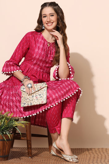 Women's Pink Cotton Ikat Printed Tiered Kurta And Pant Set