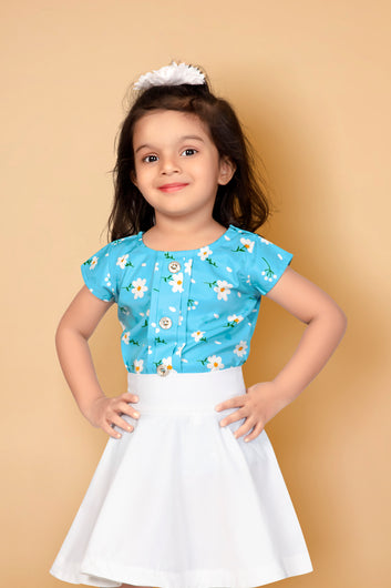 Toddler Girl's Floral Printed Top with Flared Knee-Length Skirt