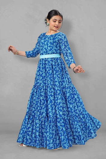 Girls Blue Tabby Silk Maxi Length Tiered Dresses