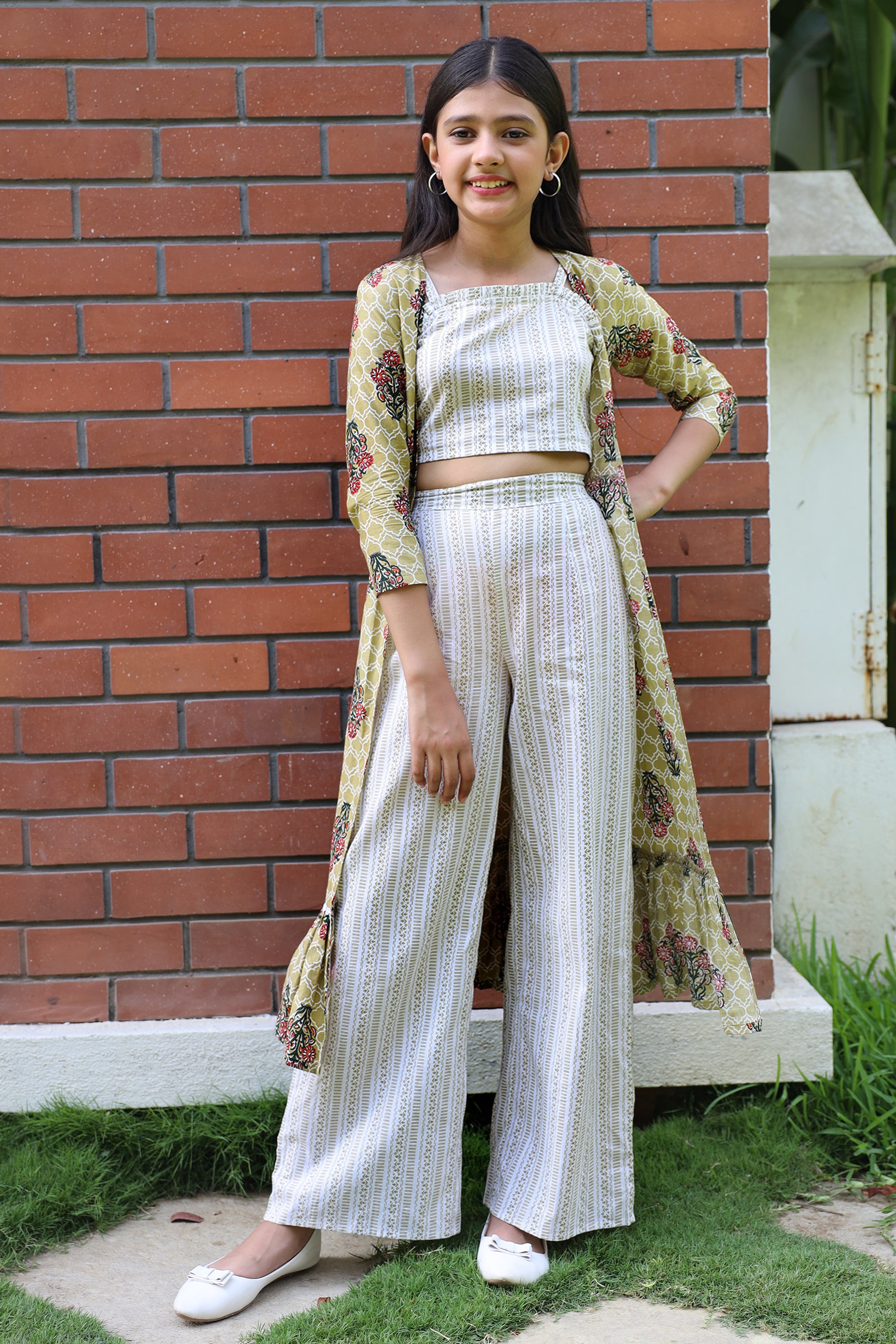 White Multicolor Thread and Mirror work Long Over Coat Crop Top Palazz –  Seasons Chennai