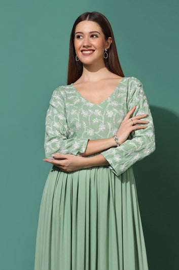 Women’s Green Rayon Embroidered Empire Waist Kurta