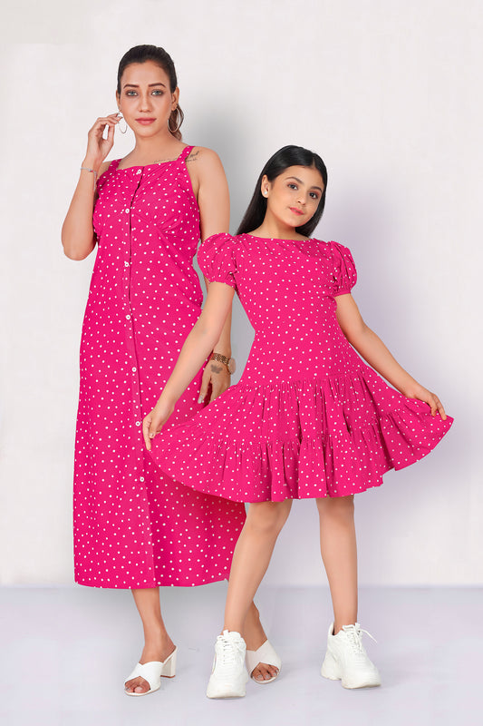 Pink Polka Dot Printed Mother-Daughter Dress