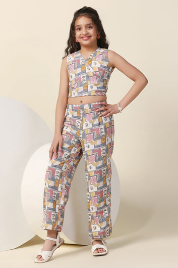 Girl's Multicolor Allover Printed Crop Top And Pant Set