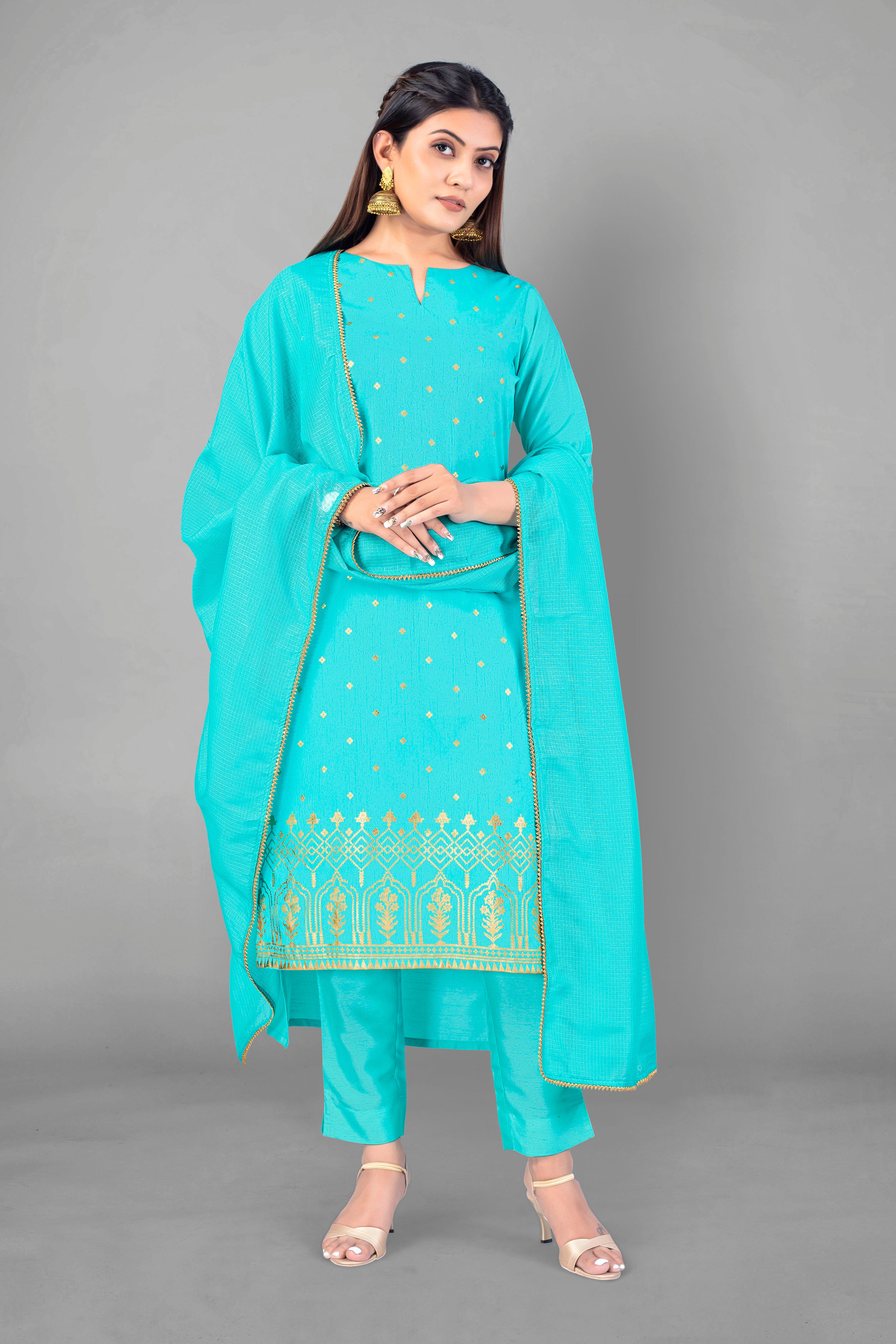 Sky-Blue Salwar Kameez with All-Over Floral Embroidery and Sequins | Exotic  India Art