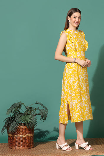 Women’s Yellow Floral Printed Slit Dress