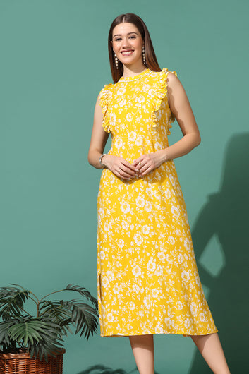 Women’s Yellow Floral Printed Slit Dress