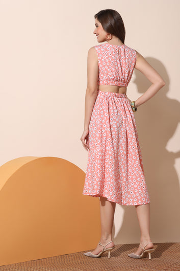 Women’s Peach Floral Printed Waist Cut Out Midi Dress