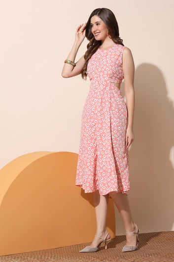 Women’s Peach Floral Printed Waist Cut Out Midi Dress