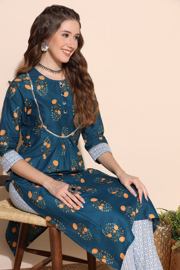 Women's Blue Cotton Floral Printed Kurta Pant Set