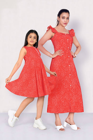 Orange Splash Printed Mother-Daughter Dress Set