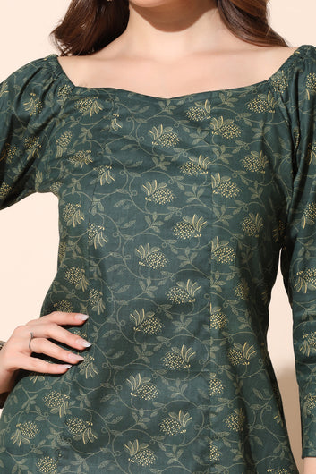 Women's Dark Green Cotton Floral Printed A-Line Dress