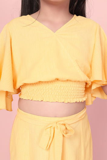 Girls Yellow Solid Crop Top With Shorts Clothing Set