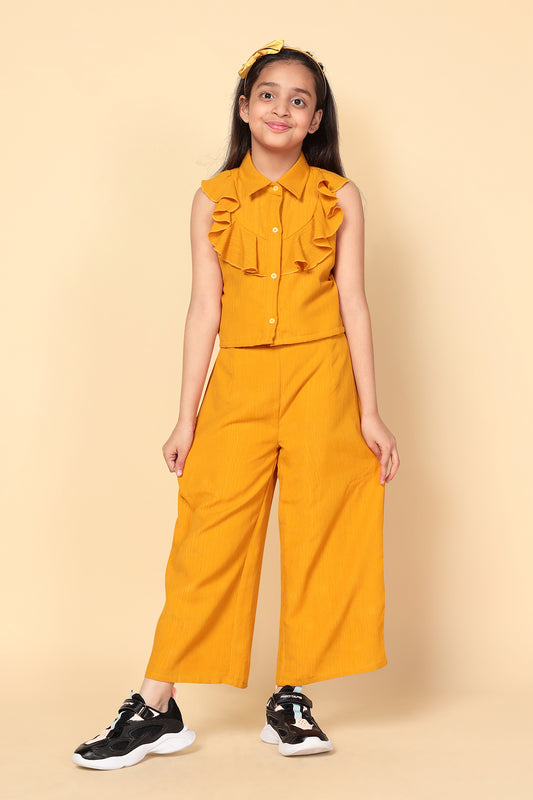 Girl's Mustard Solid Top And Palazzo Clothing Set