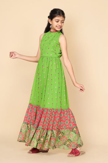 Girls Parrot Georgette Motif Printed Tiered Maxi Dress