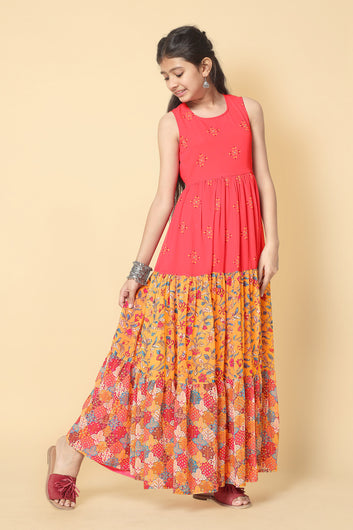 Girls Red Georgette Motif Printed Tiered Maxi Dress