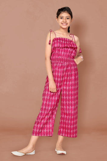Girls Pink Ikat Printed Jumpsuit
