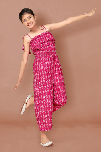 Girls Pink Ikat Printed Jumpsuit