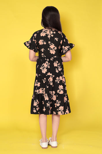 Girls Black Floral Print Tiered Dress