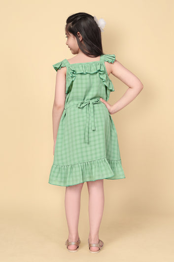 Girls Pista Checks Pattern Ruffle A-Line Dress