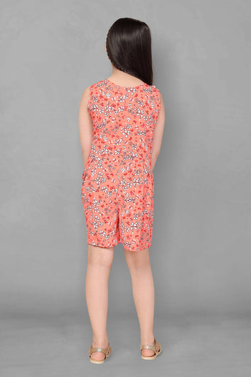 Girls Above Knee Length Orange Floral Printed Romper