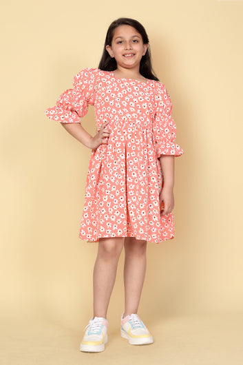 Girls Peach Puff Sleeve Floral Printed Summer Dress