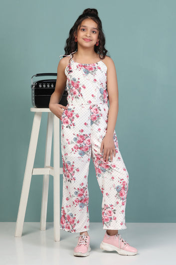 Girl's White All Over Printed Strappy Jumpsuit