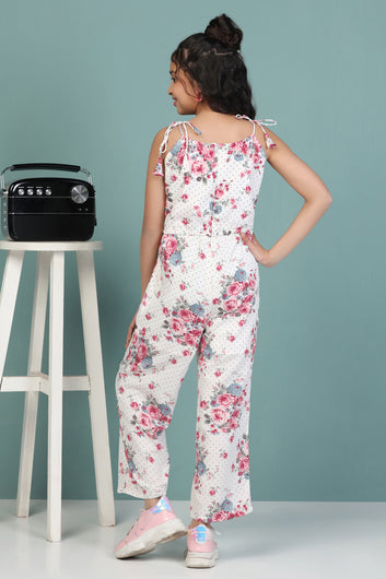 Girl's White All Over Printed Strappy Jumpsuit