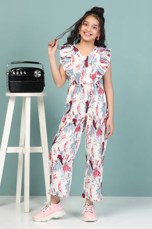 Girl's White All Over Printed Basic Jumpsuit