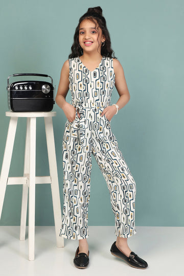 Girl's White All Over Floral Printed Sleeveless Jumpsuit