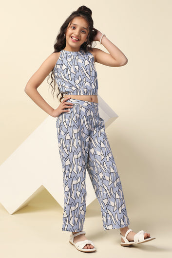Girl's Blue Abstract Printed Crop Top And Pant Set