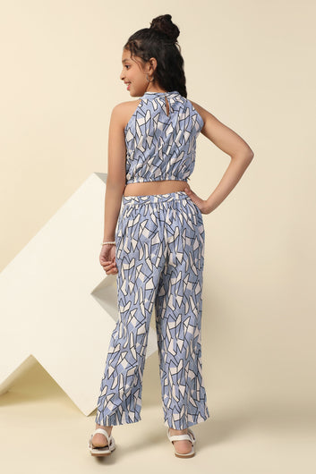 Girl's Blue Abstract Printed Crop Top And Pant Set
