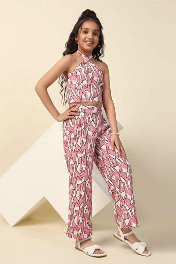 Girl's Pink Abstract Printed Crop Top And Pant Set