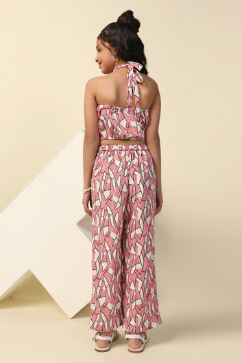 Girl's Pink Abstract Printed Crop Top And Pant Set