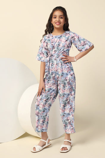 Girl's Blue All Over Printed Basic Jumpsuit