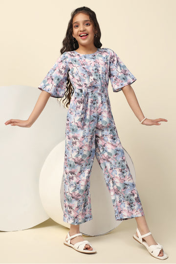 Girl's Blue All Over Printed Basic Jumpsuit