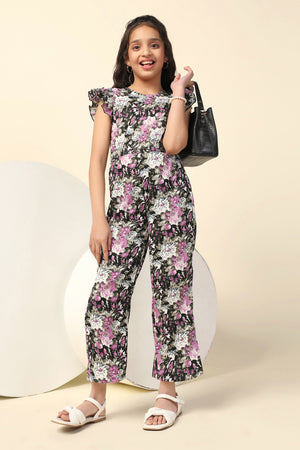 Girl's Black All Over Floral Printed Basic Jumpsuit