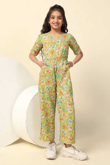 Girl's Green All Over Floral Printed Basic Jumpsuit