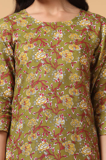 Women's Olive Cotton Floral Design Kurta with Pant set