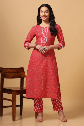 Women's Red Cotton Bandhni Print Kurta with Pant set