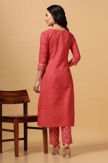 Women's Red Cotton Bandhni Print Kurta with Pant set