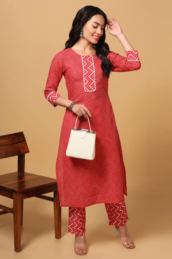 Women's Red Cotton Bandhni Print Kurta with Pant set