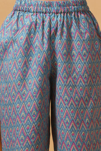 Women's Sky Blue Cotton Block print Kurta with Pant set