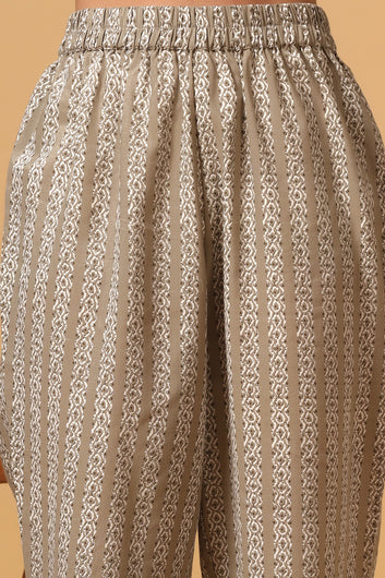Women's Light Grey Cotton Block Print Kurta with Pant set