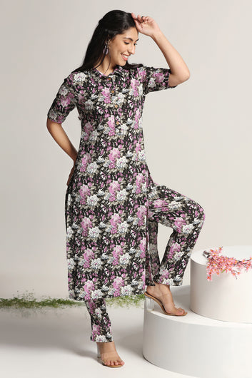 Women's  Black Floral Print Kurta with Pant set