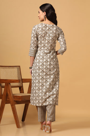 Women's Light Grey Cotton Block Print Kurta with Pant set