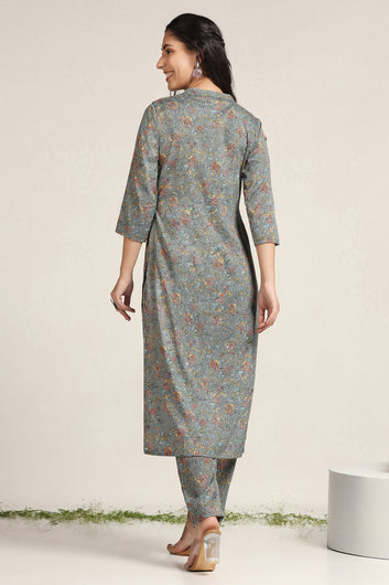 Women's Grey Floral Print Kurta with Pant set