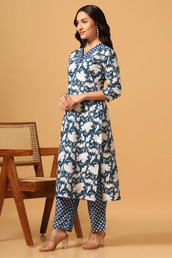 Women's Blue Cotton Floral Print Kurta with Pant set