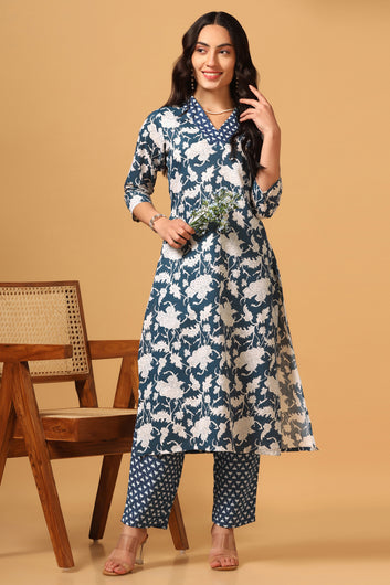 Women's Blue Cotton Floral Print Kurta with Pant set